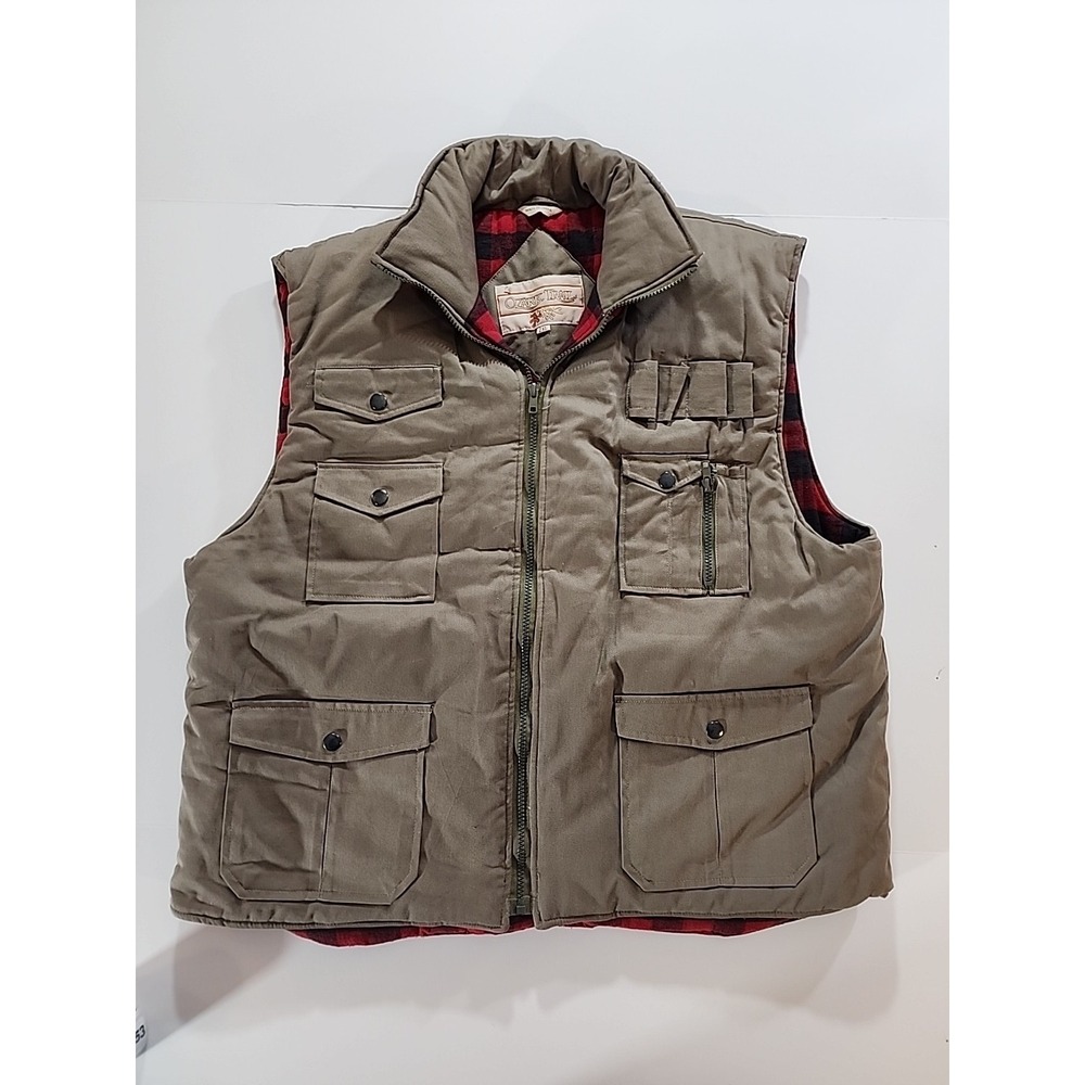 Ozark Trail Vest Mens 2XL Utility Tan Red Black Buffalo Plaid Hunting, Fishing